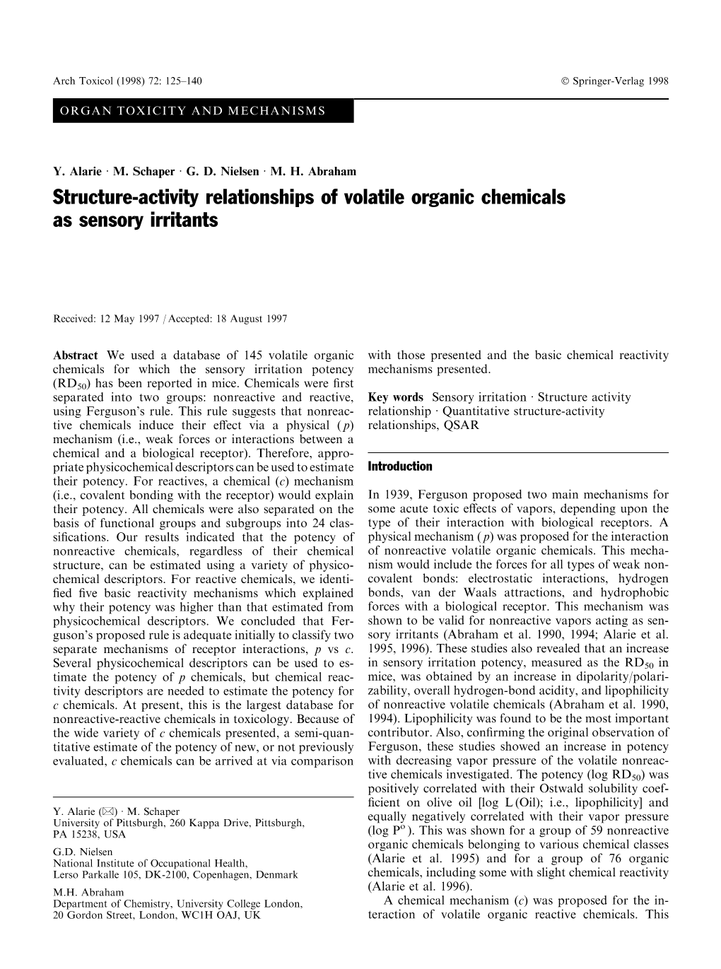 Structure-Activity Relationships of Volatile Organic Chemicals As Sensory Irritants