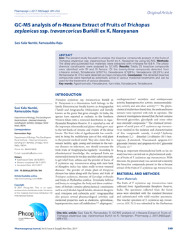 GC-MS Analysis of N-Hexane Extract of Fruits of Trichopus Zeylanicus Ssp. Travancoricus Burkill Ex K. Narayanan
