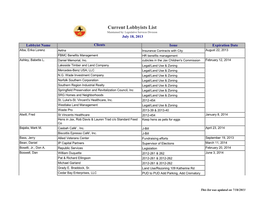Current Lobbyists List Maintained By: Legislative Services Division July 18, 2013