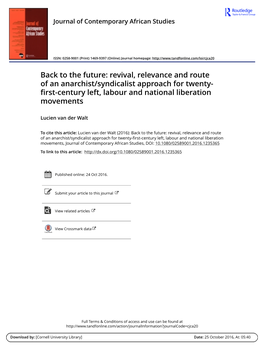 Back to the Future: Revival, Relevance and Route of an Anarchist/Syndicalist Approach for Twenty- First-Century Left, Labour and National Liberation Movements