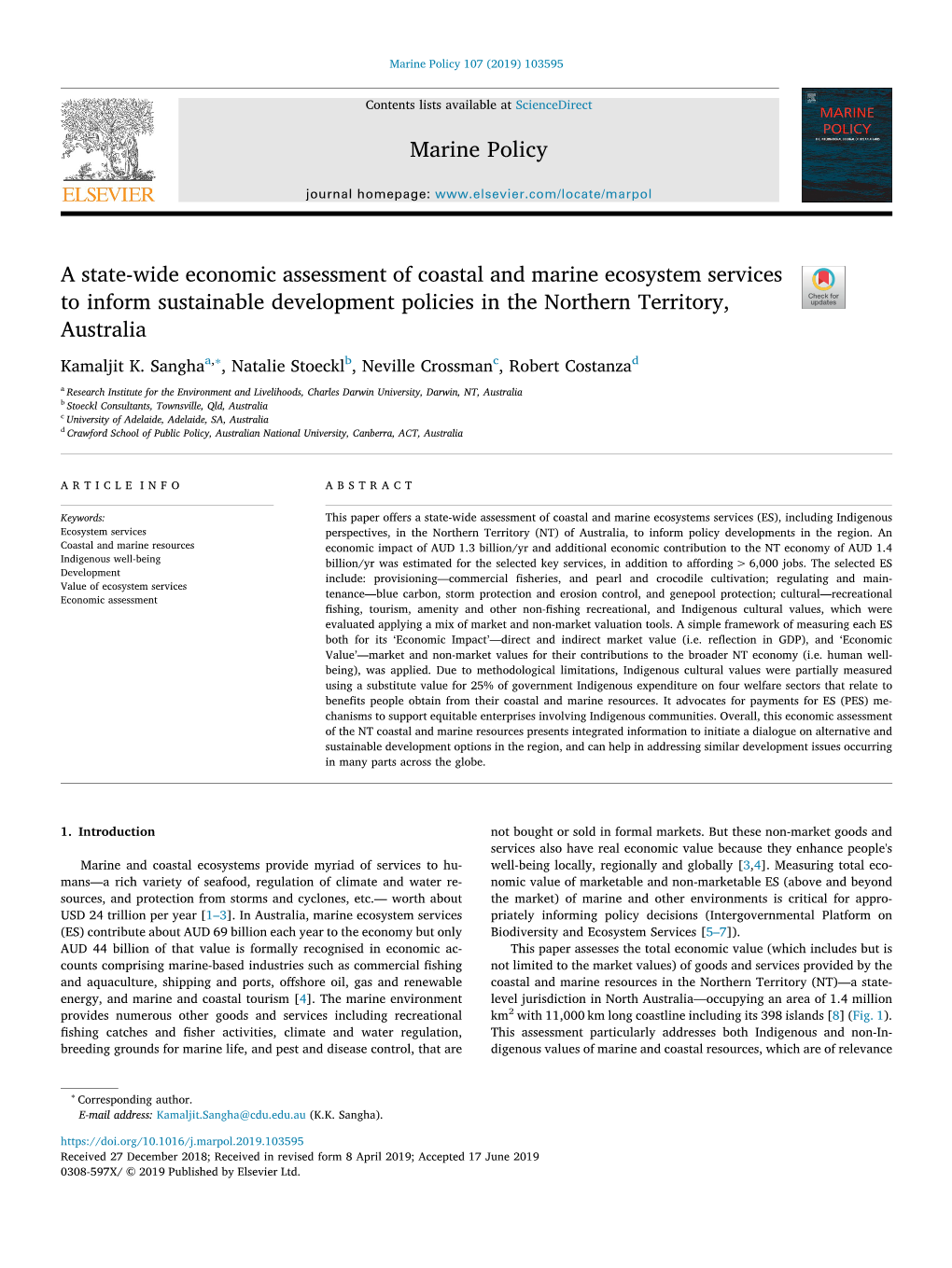 A State-Wide Economic Assessment of Coastal and Marine Ecosystem Services to Inform Sustainable Development Policies in the Nort