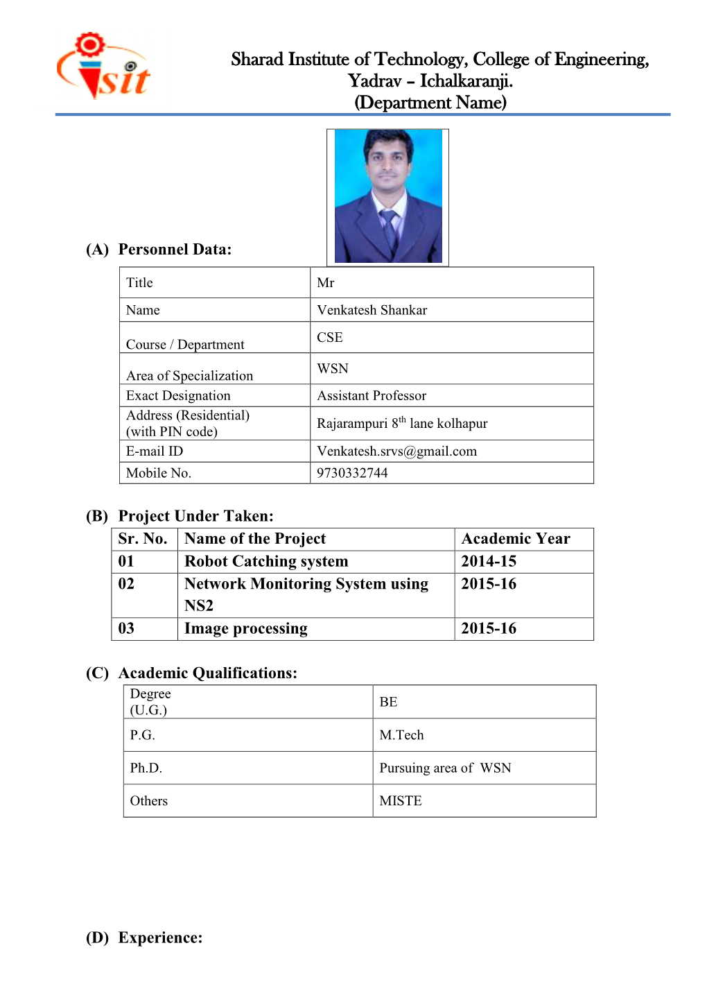 Sharad Institute of Technology, College of Engineering, Yadrav – Ichalkaranji. (Department Name)