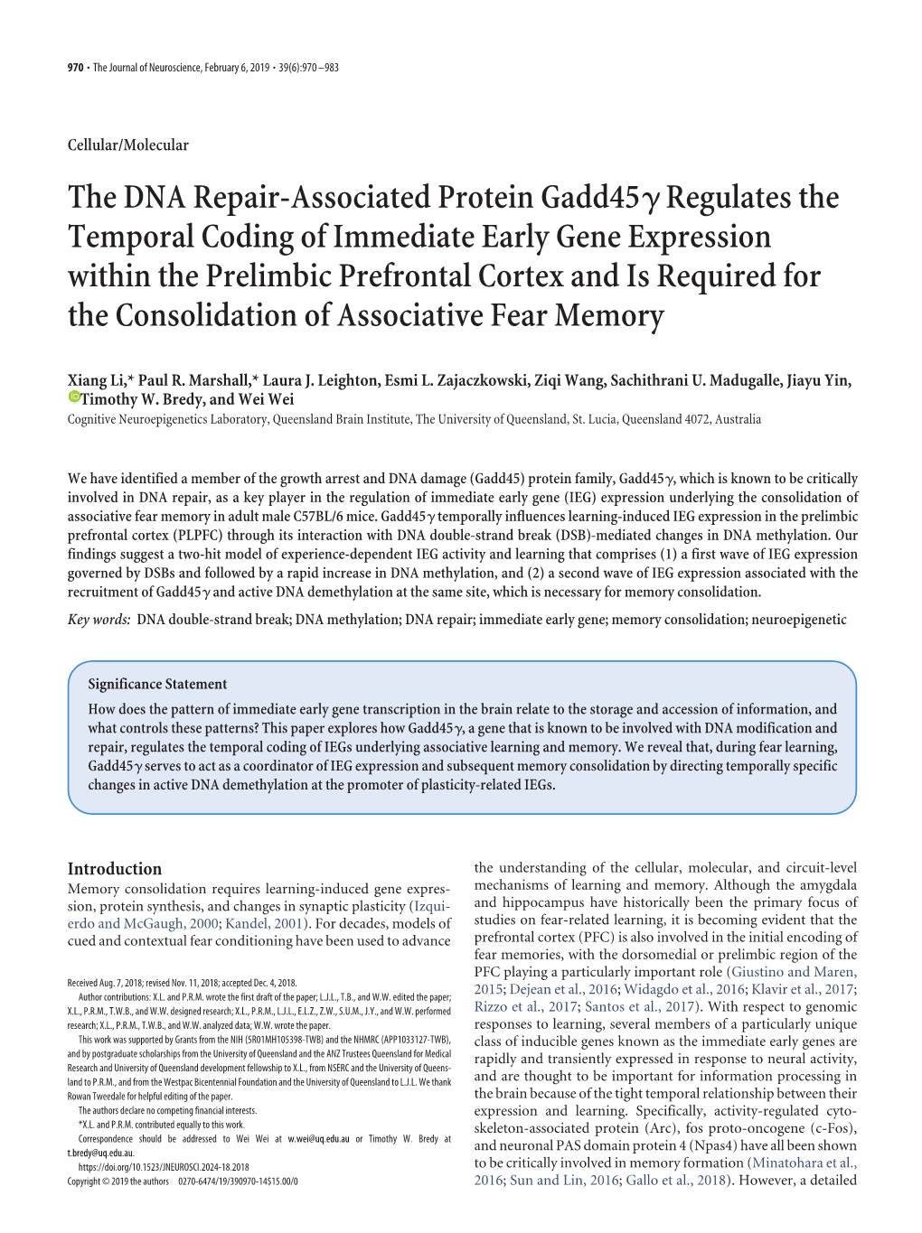 The DNA Repair-Associated Protein Gadd45γ Regulates the Temporal