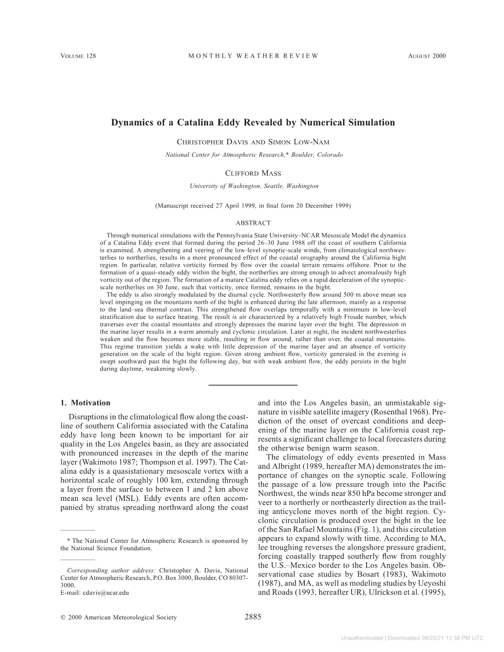 Dynamics of a Catalina Eddy Revealed by Numerical Simulation