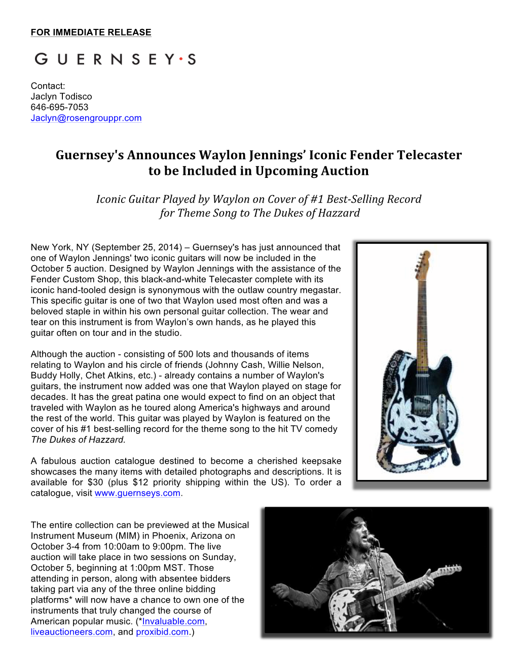 Guernsey's Announces Waylon Jennings' Iconic Fender Telecaster