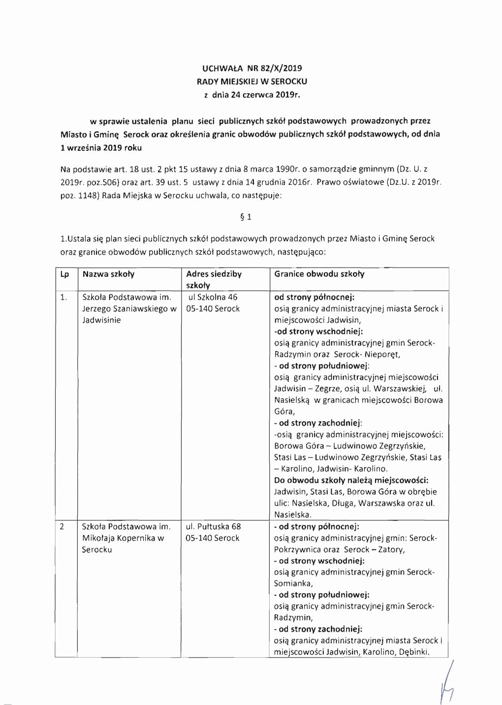 UCHWAŁA NR 82Jxj2019 RADY MIEJSKIEJ W SEROCKU Z Dnia 24 Czerwca 2019R