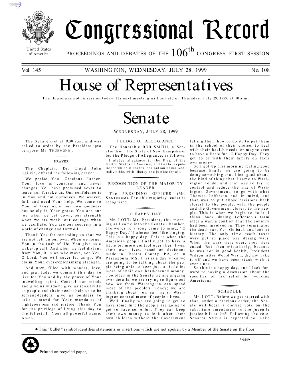 Congressional Record United States Th of America PROCEEDINGS and DEBATES of the 106 CONGRESS, FIRST SESSION