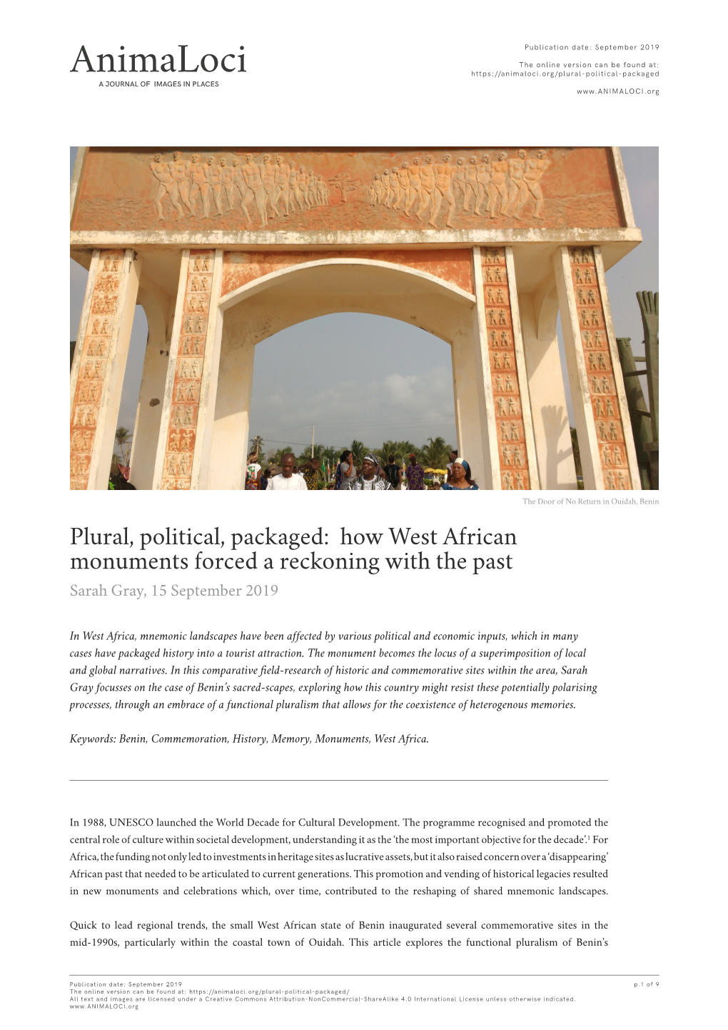 Plural, Political, Packaged: How West African Monuments Forced a Reckoning with the Past Sarah Gray, 15 September 2019