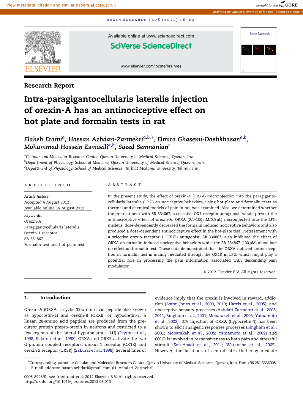 Intra-Paragigantocellularis Lateralis Injection of Orexin-A Has an Antinociceptive Effect on Hot Plate and Formalin Tests in Rat