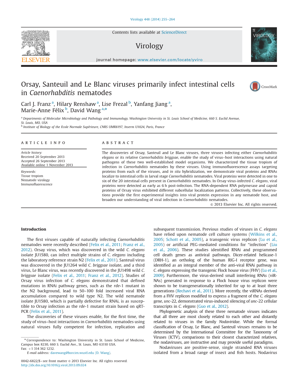 Orsay, Santeuil and Le Blanc Viruses Primarily Infect Intestinal Cells in Caenorhabditis Nematodes