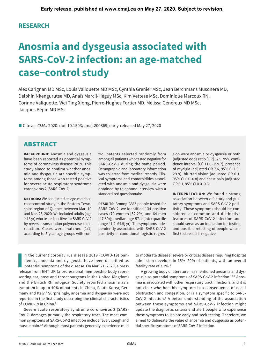 Anosmia and Dysgeusia Associated with SARS-Cov-2 Infection: an Age-Matched Case−Control Study