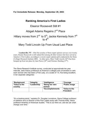 Ranking America's First Ladies Eleanor Roosevelt Still #1 Abigail Adams Regains 2 Place Hillary Moves from 2 to 5 ; Jackie