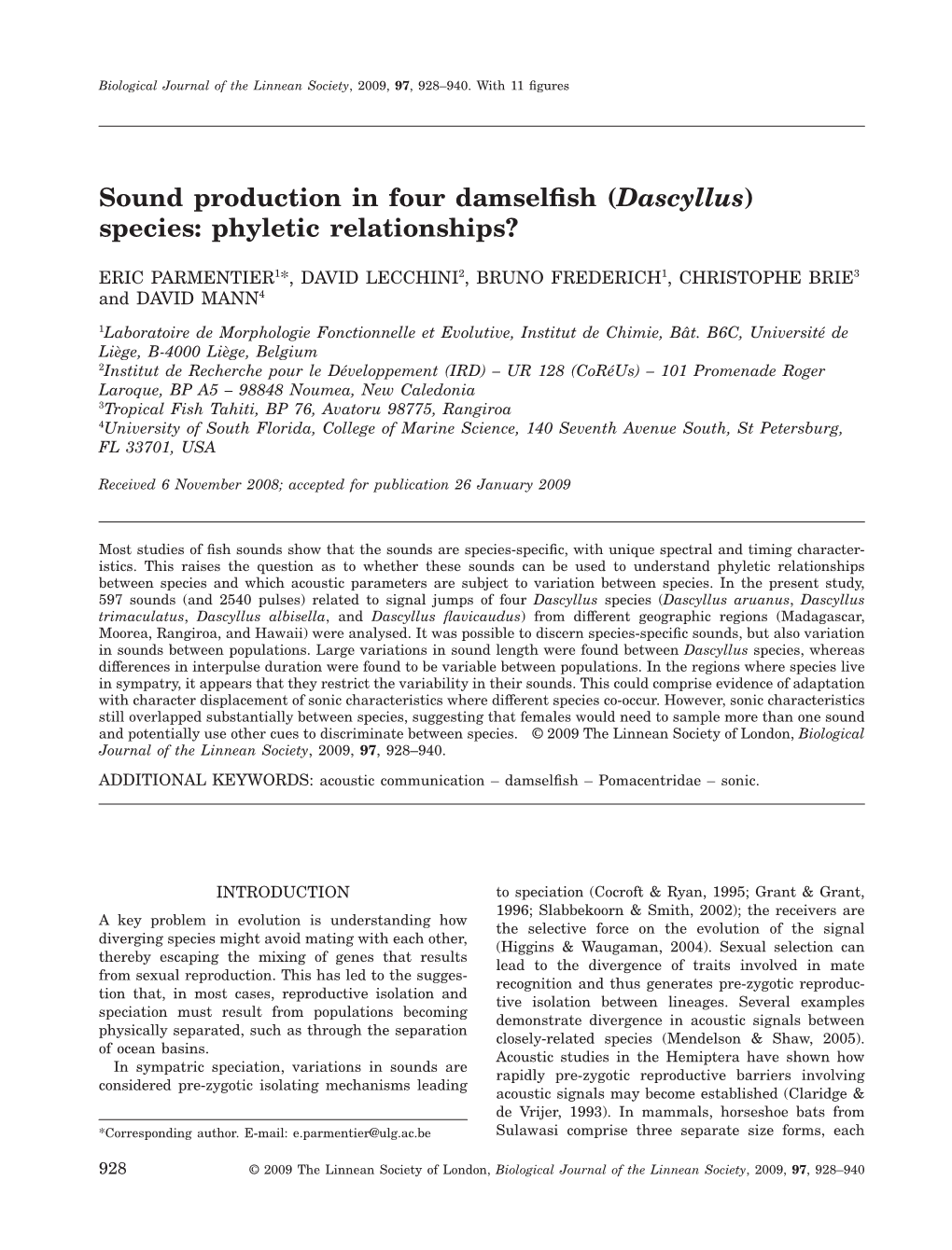 Sound Production in Four Damselfish (Dascyllus) Species