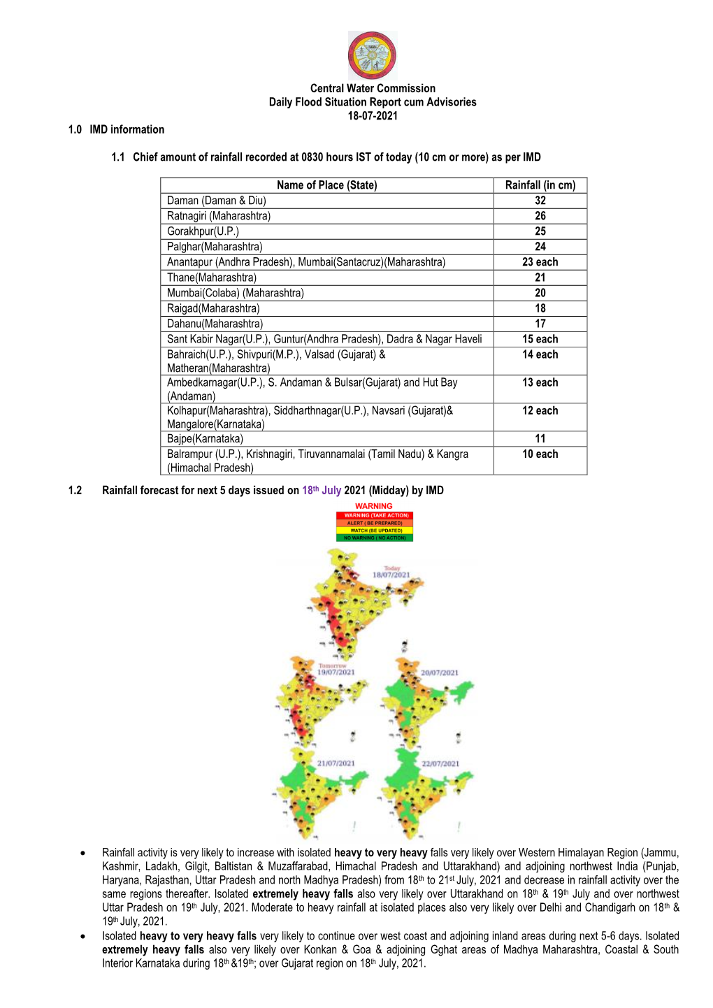 Central Water Commission Daily Flood Situation Report Cum Advisories 18-07-2021 1.0 IMD Information