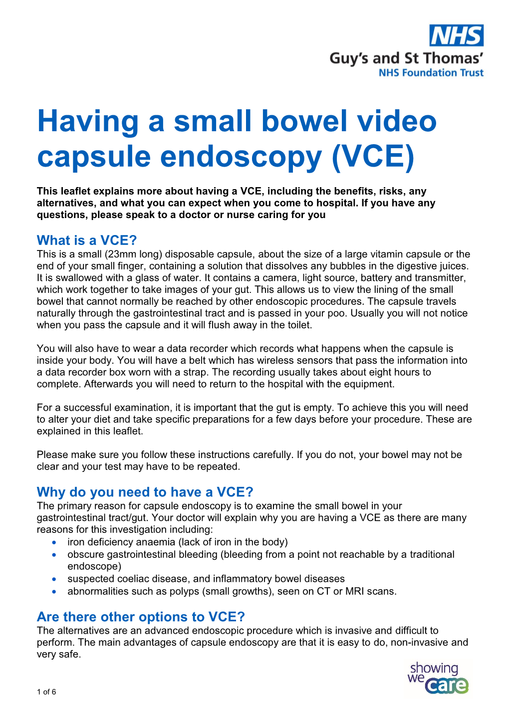 Having a Small Bowel Video Capsule Endoscopy (VCE)