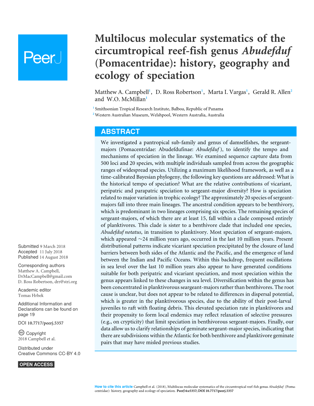 Multilocus Molecular Systematics of the Circumtropical Reef-Fish Genus Abudefduf (Pomacentridae): History, Geography and Ecology of Speciation