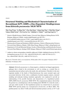 Structural Modeling and Biochemical Characterization of Recombinant KPN 02809, a Zinc-Dependent Metalloprotease from Klebsiella Pneumoniae MGH 78578
