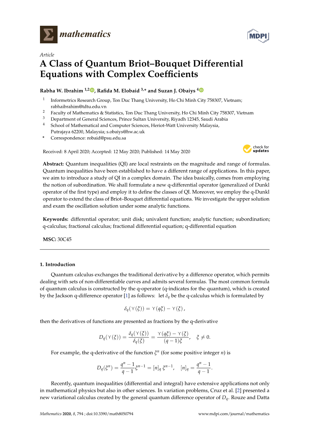 A Class of Quantum Briot–Bouquet Differential Equations with Complex Coefficients