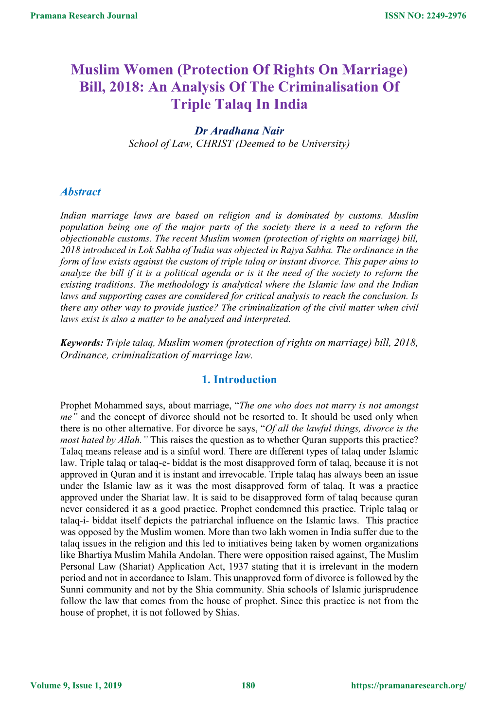 Muslim Women (Protection of Rights on Marriage) Bill, 2018: an Analysis of the Criminalisation of Triple Talaq in India