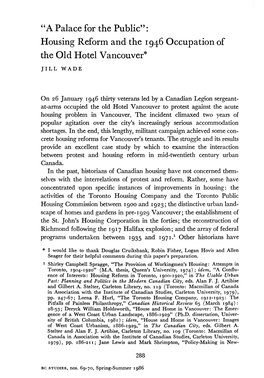 "A Palace for the Public": Housing Reform and the 1946 Occupation of the Old Hotel Vancouver*