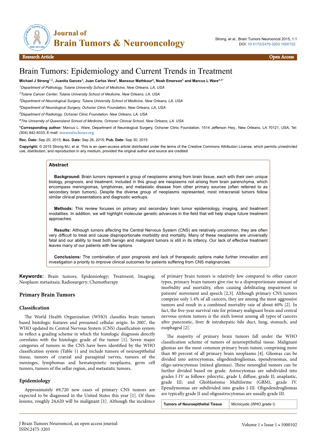 Brain Tumors: Epidemiology and Current Trends in Treatment