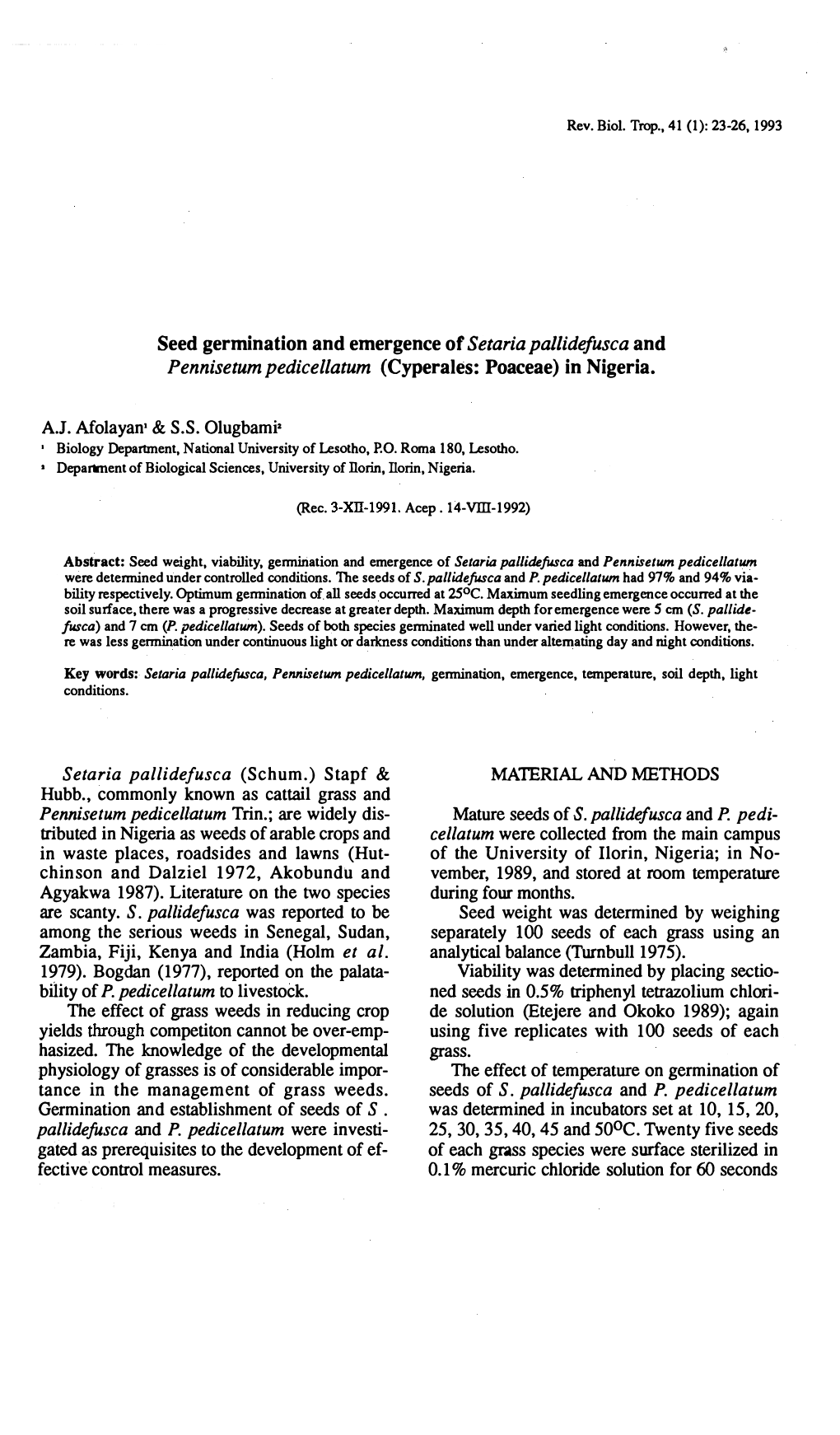 Seed Germination and Emergence of Setaria Pallidefusca And