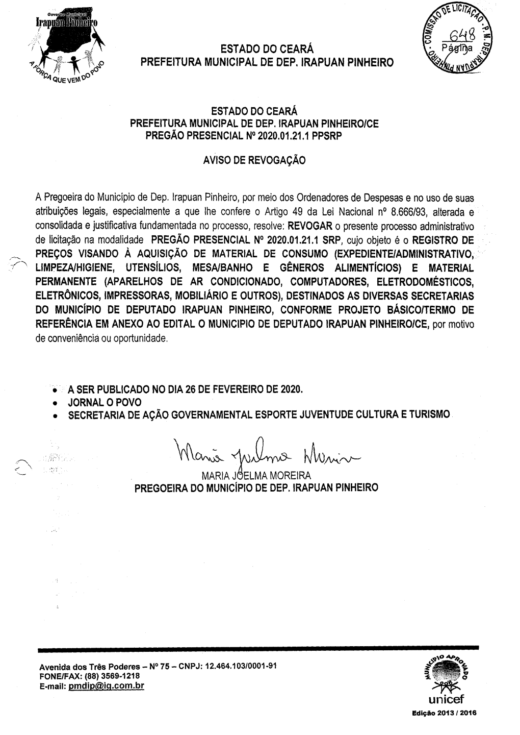 Estado Do Ceará Prefeitura Municipal De Dep