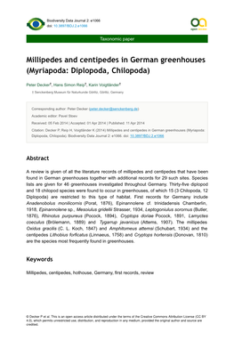 Millipedes and Centipedes in German Greenhouses (Myriapoda: Diplopoda, Chilopoda)