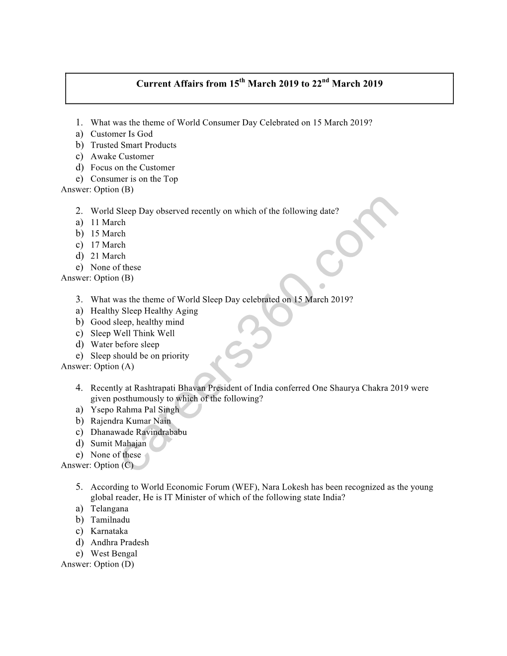 Current Affairs from 15Th March 2019 to 22Nd March 2019