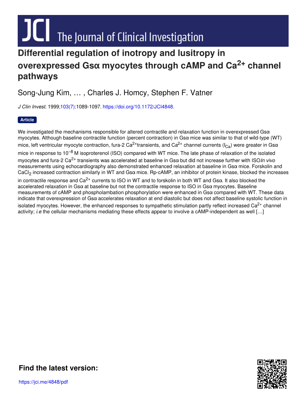 Differential Regulation of Inotropy and Lusitropy in Overexpressed Gsα Myocytes Through Camp and Ca2+ Channel Pathways