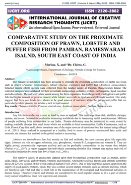 Comparative Study on the Proximate Composition of Prawn, Lobster and Puffer Fish from Pamban, Rameswaram Isalnd, South East Coast of India