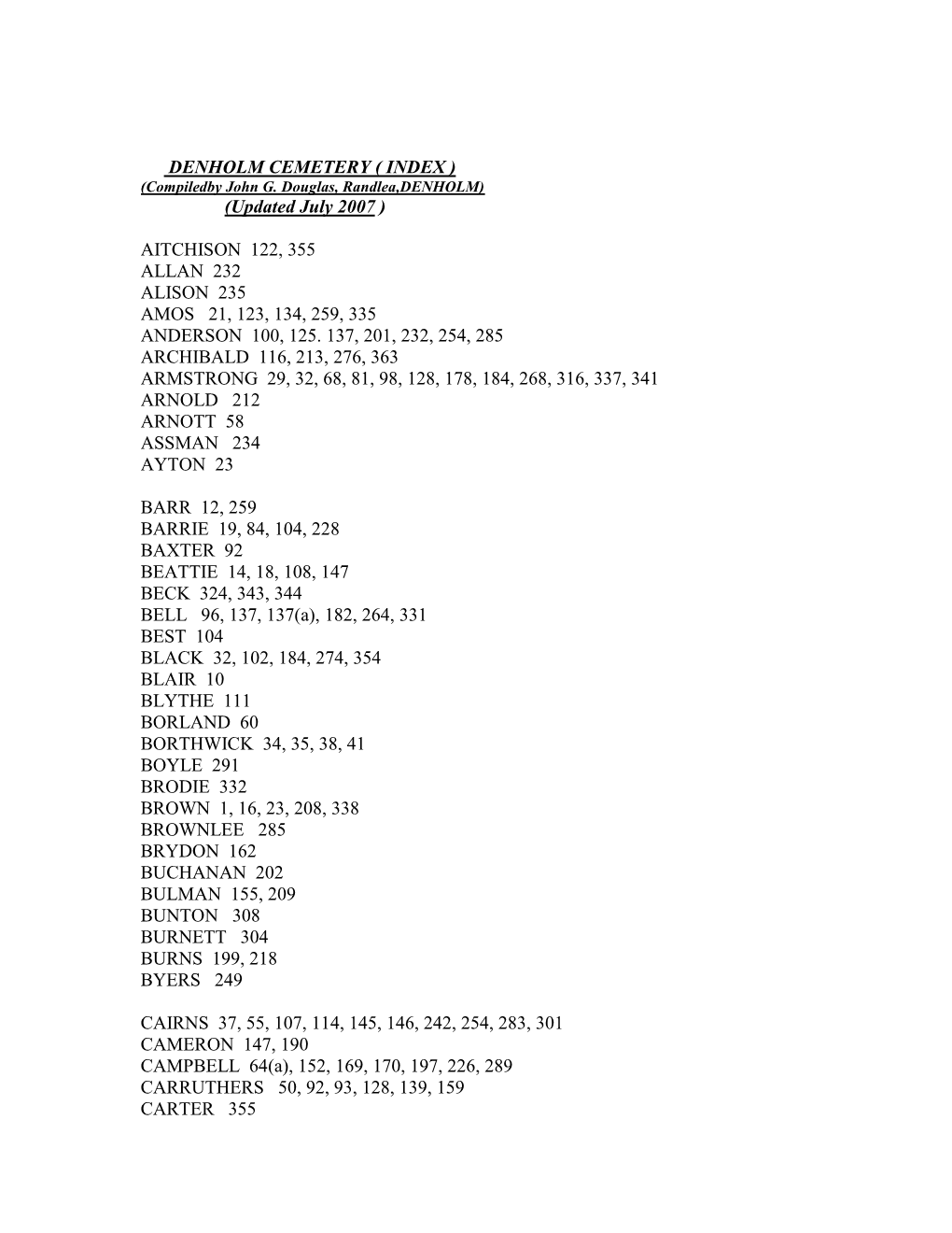 DENHOLM CEMETERY ( INDEX ) (Compiledby John G