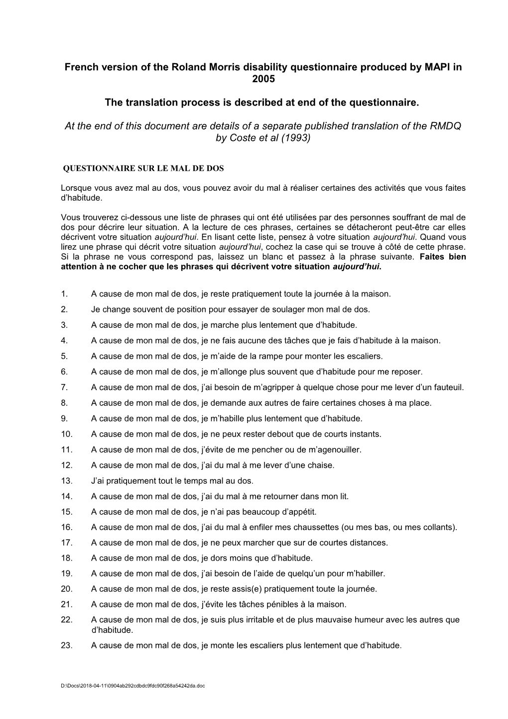 Disability Rating Scale for Low Back Pain