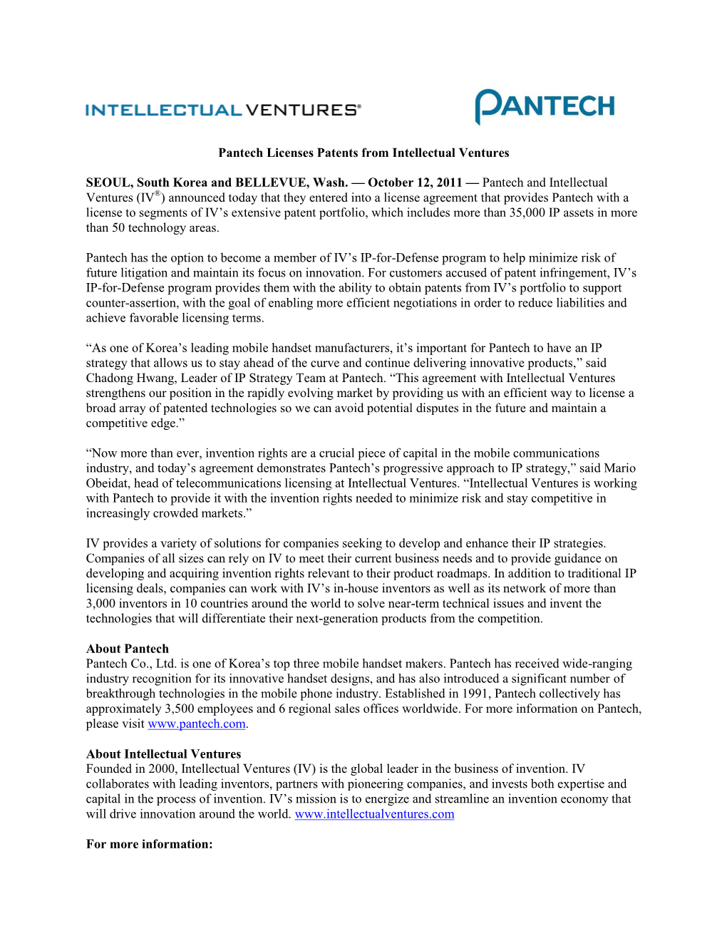 Pantech Licenses Patents from Intellectual Ventures
