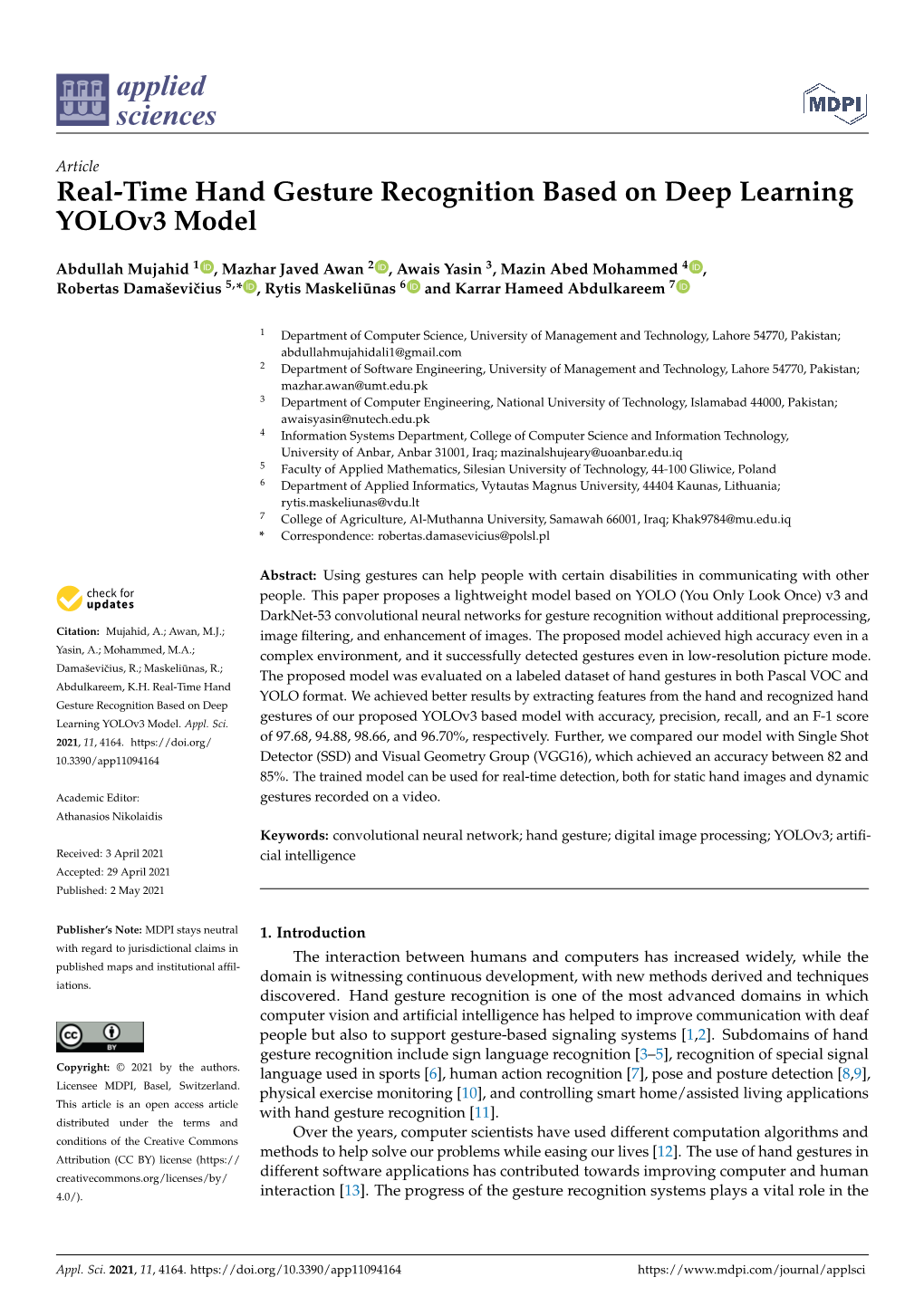 Real-Time Hand Gesture Recognition Based on Deep Learning Yolov3 Model