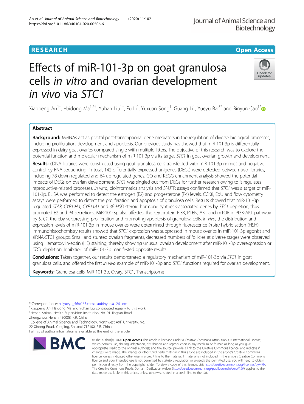 Effects of Mir-101-3P on Goat Granulosa Cells in Vitro and Ovarian