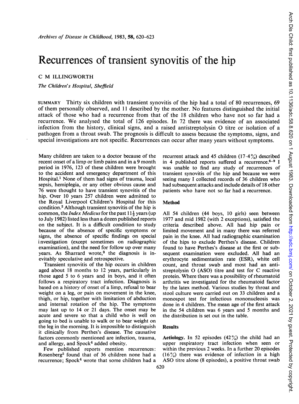 Recurrences of Transient Synovitis of the Hip