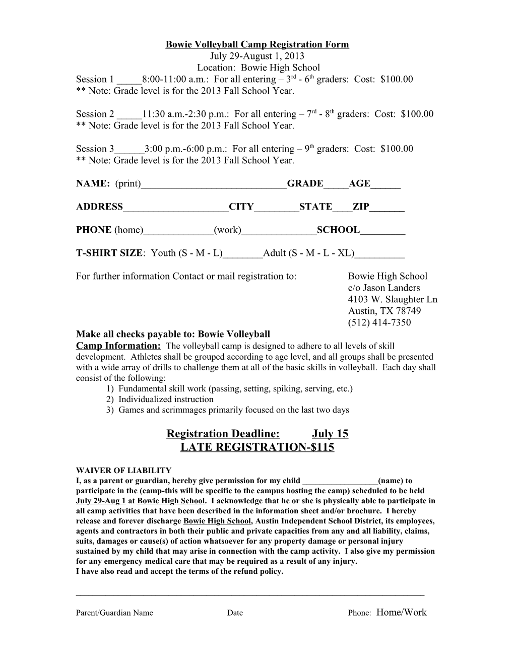 Bowie Lady Dawg Volleyball Camp Registration Form