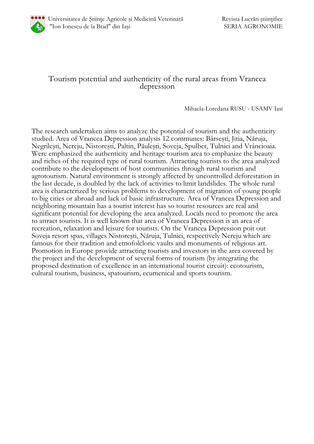 Tourism Potential and Authenticity of the Rural Areas from Vrancea Depression