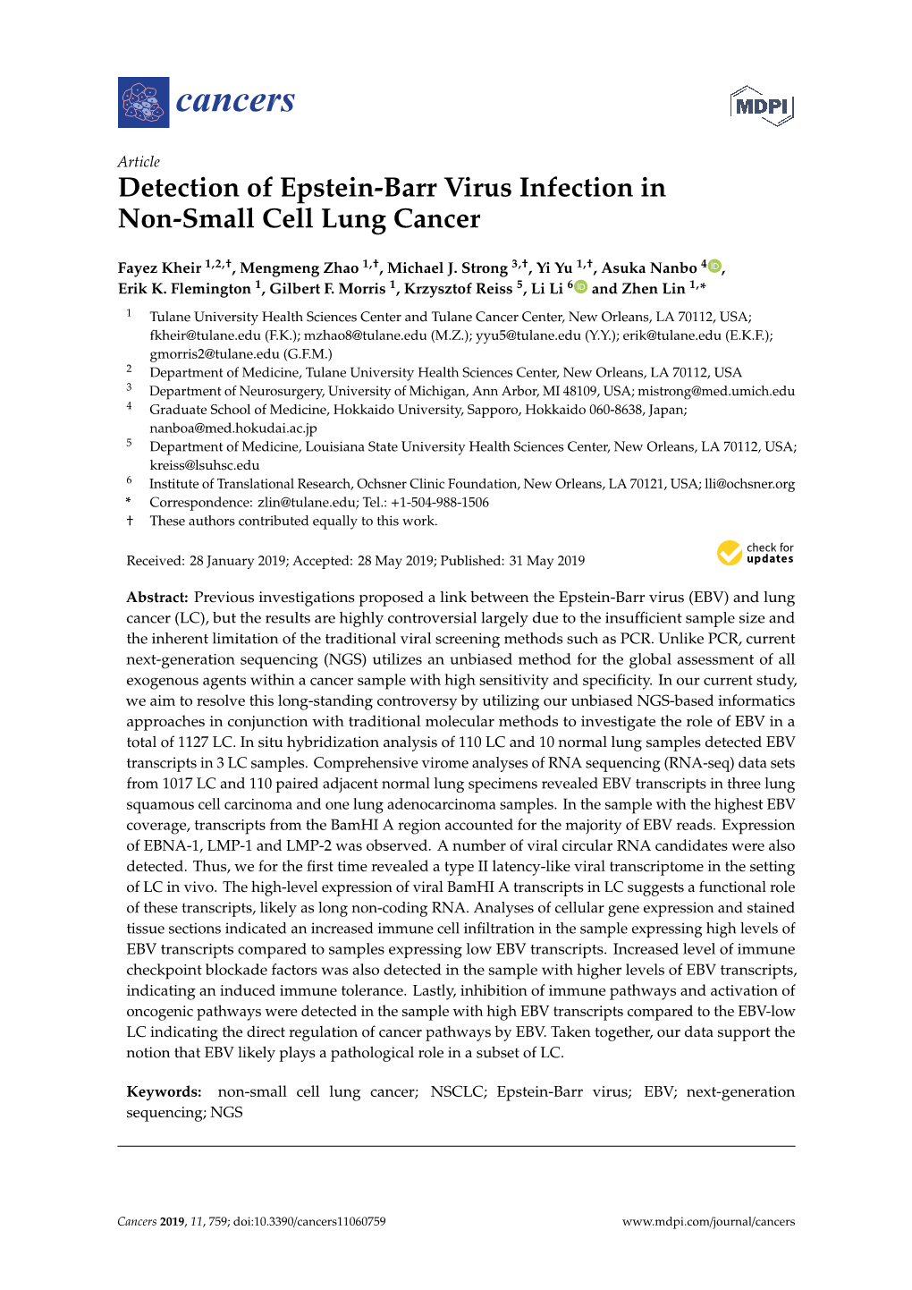 Detection of Epstein-Barr Virus Infection in Non-Small Cell Lung Cancer