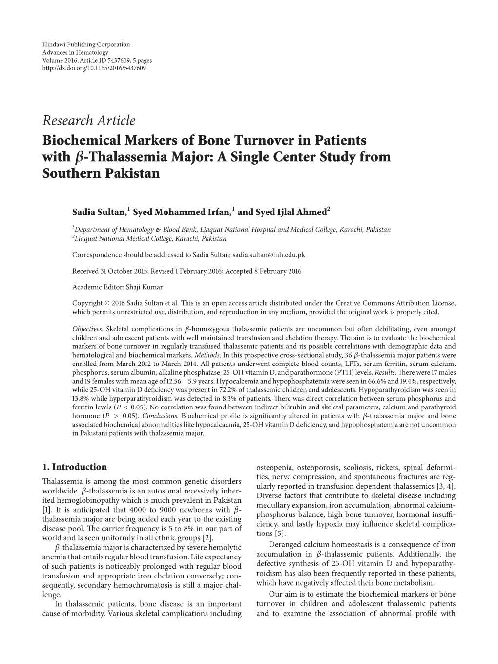 Thalassemia Major: a Single Center Study from Southern Pakistan