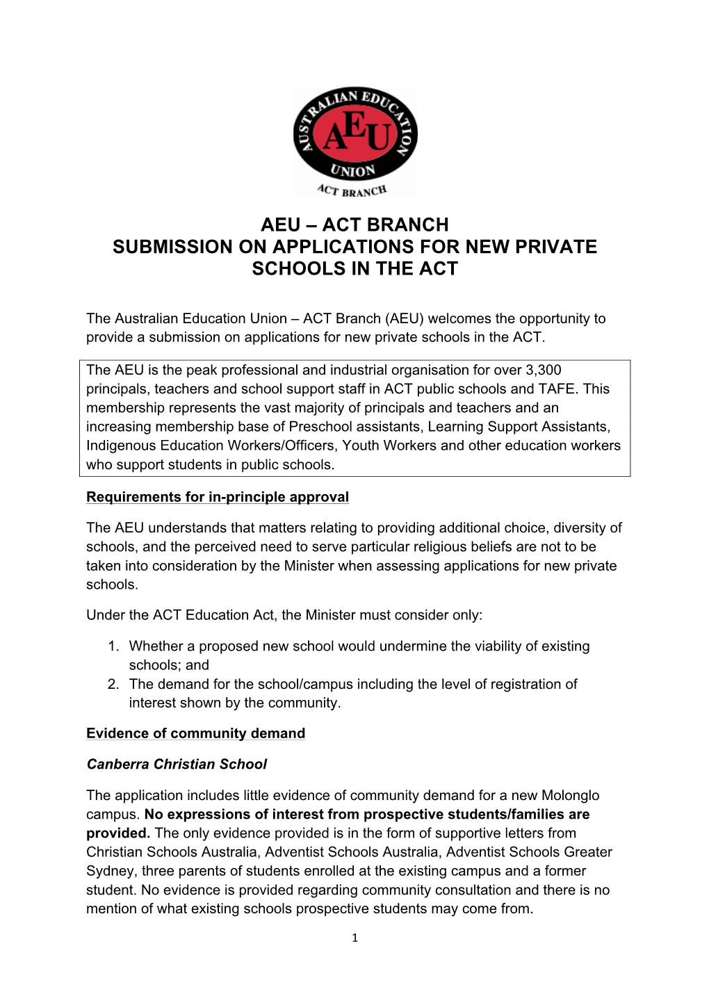 Act Branch Submission on Applications for New Private Schools in the Act