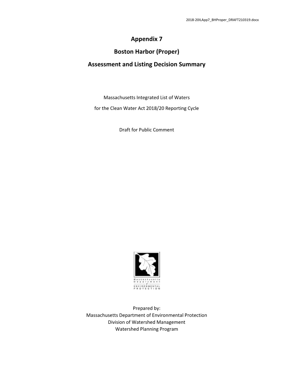 Appendix 7 Boston Harbor (Proper) Assessment and Listing Decision Summary