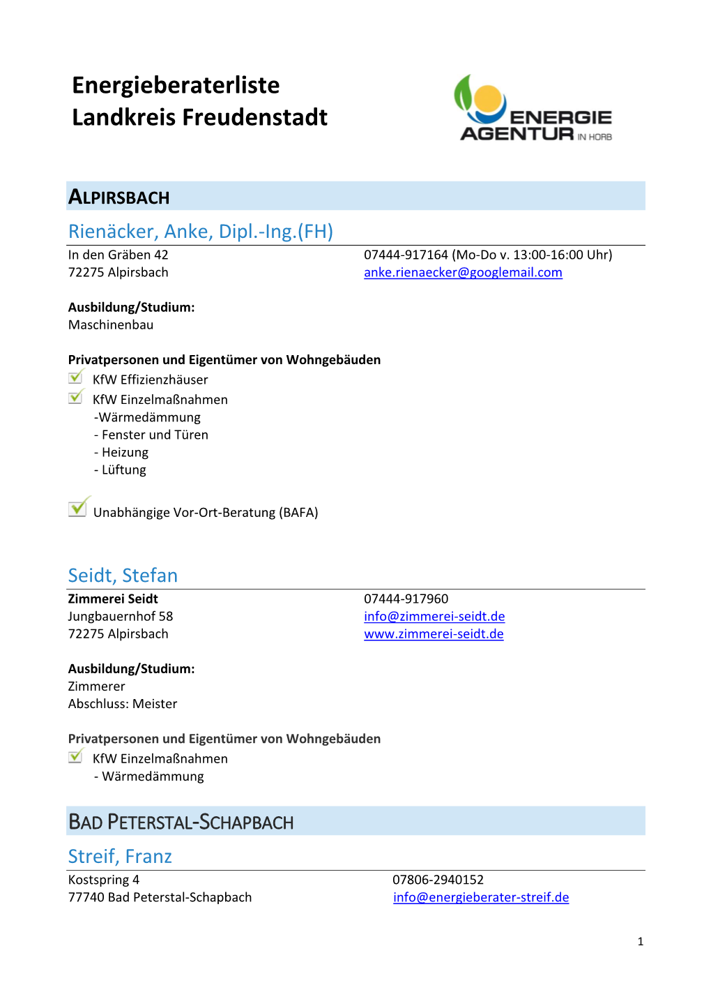 Energieberaterliste Landkreis Freudenstadt