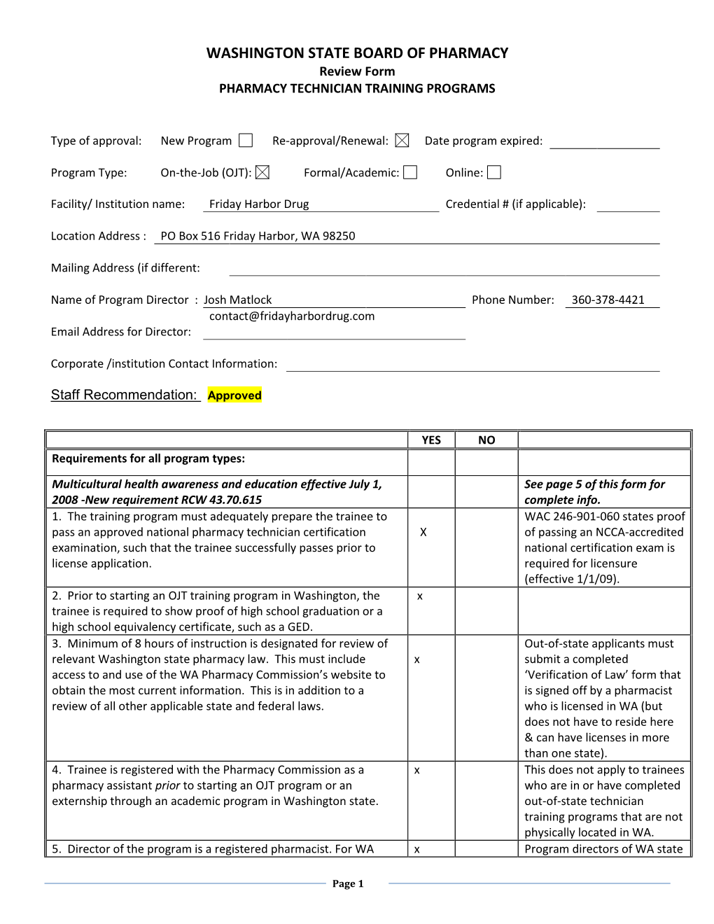 WASHINGTON STATE BOARD of PHARMACY Review Form PHARMACY TECHNICIAN TRAINING PROGRAMS