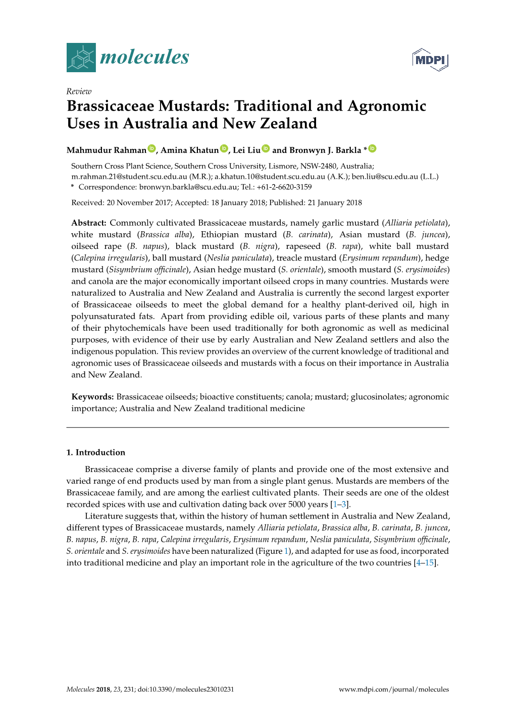 Brassicaceae Mustards: Traditional and Agronomic Uses in Australia and New Zealand