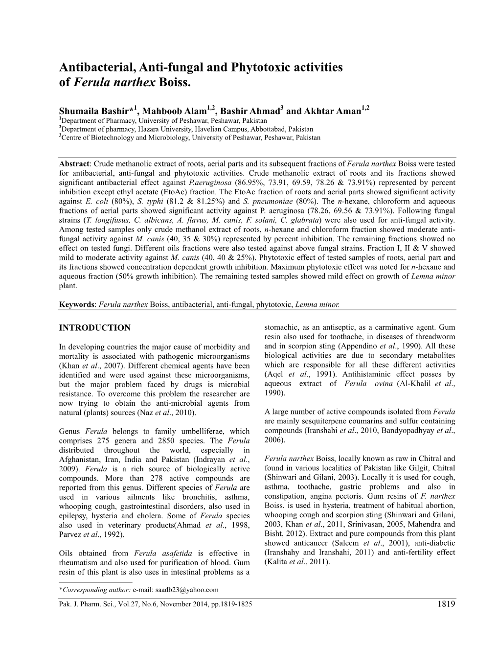 Antibacterial, Anti-Fungal and Phytotoxic Activities of Ferula Narthex Boiss