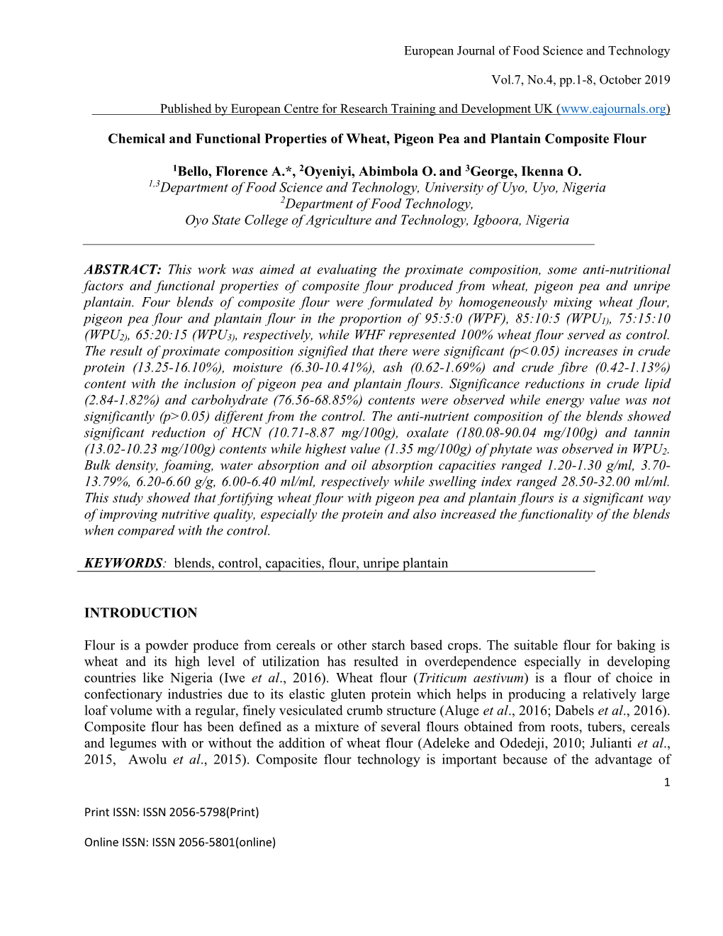 Chemical and Functional Properties of Wheat, Pigeon Pea and Plantain Composite Flour