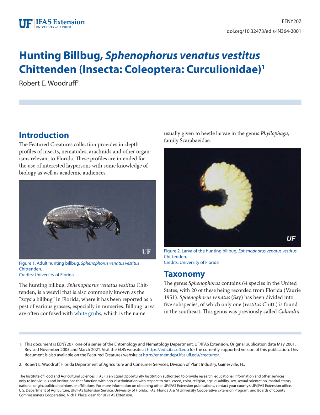 Hunting Billbug, Sphenophorus Venatus Vestitus Chittenden (Insecta: Coleoptera: Curculionidae)1 Robert E