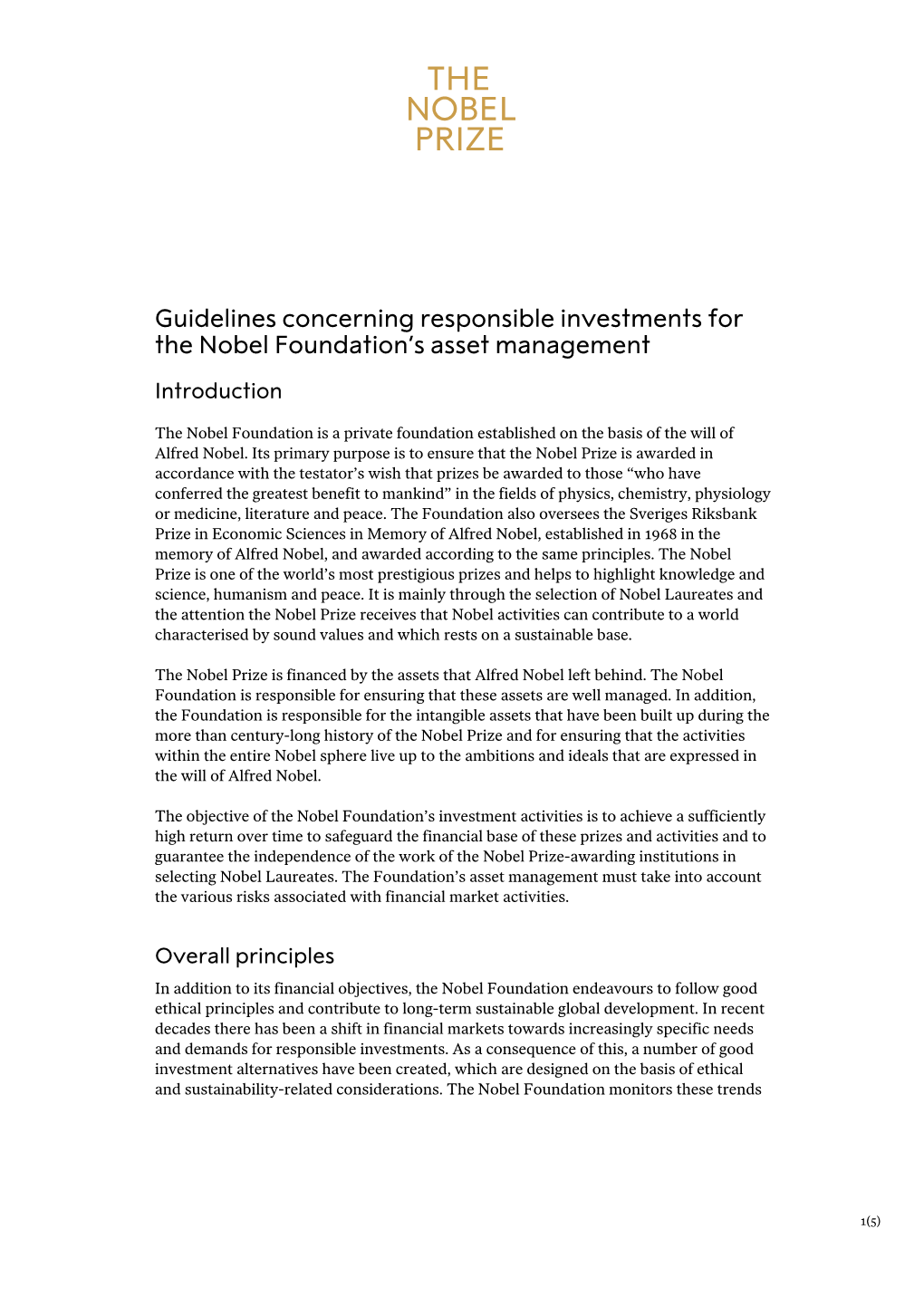 Guidelines Concerning Responsible Investments for the Nobel Foundation’S Asset Management